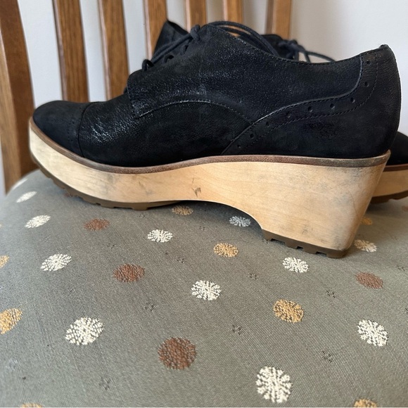 Eileen Fisher | Black Leather Wood Sole Platform Oxfords Size 8 - Picture 5 of 9